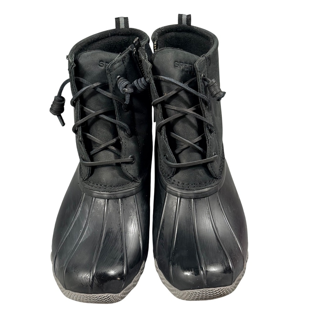Sperry Saltwater Duck Boots Womens 9 Black Leather Rubber Waterproof Rain Boot
